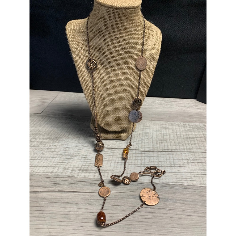 Chicos Copper Tone Long Station Necklace Amber Bead Peaceful Charm 40 Inch
